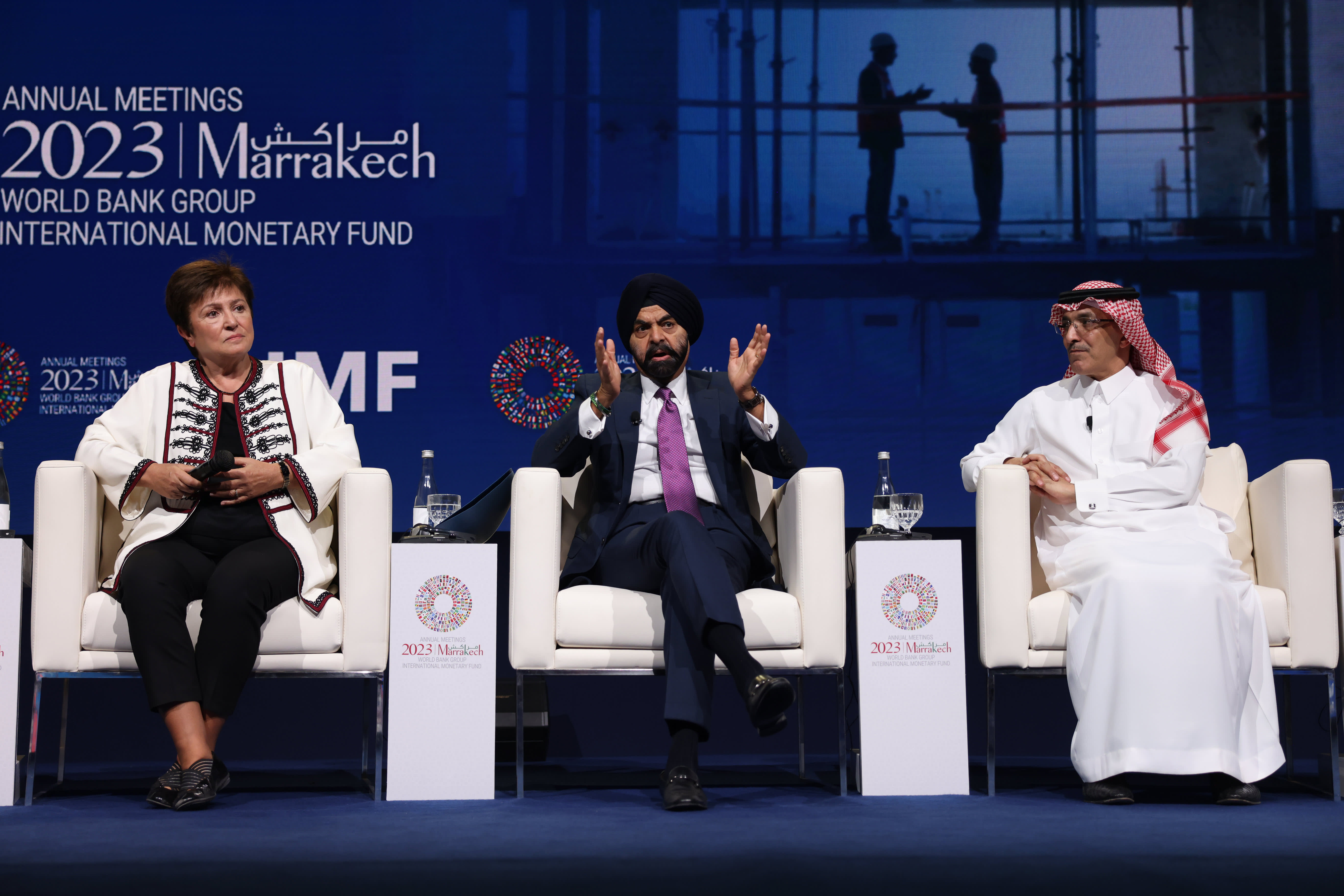 Kristalina Georgieva, managing director of the International Monetary Fund (left), Ajay Banga, president of the World Bank Group (center) and Mohammed Al-Jadaan, Saudi Arabia's finance minister, during a panel session at the annual meetings of the International Monetary Fund and World Bank in Marrakesh, Morocco, on Thursday, Oct. 12, 2023.