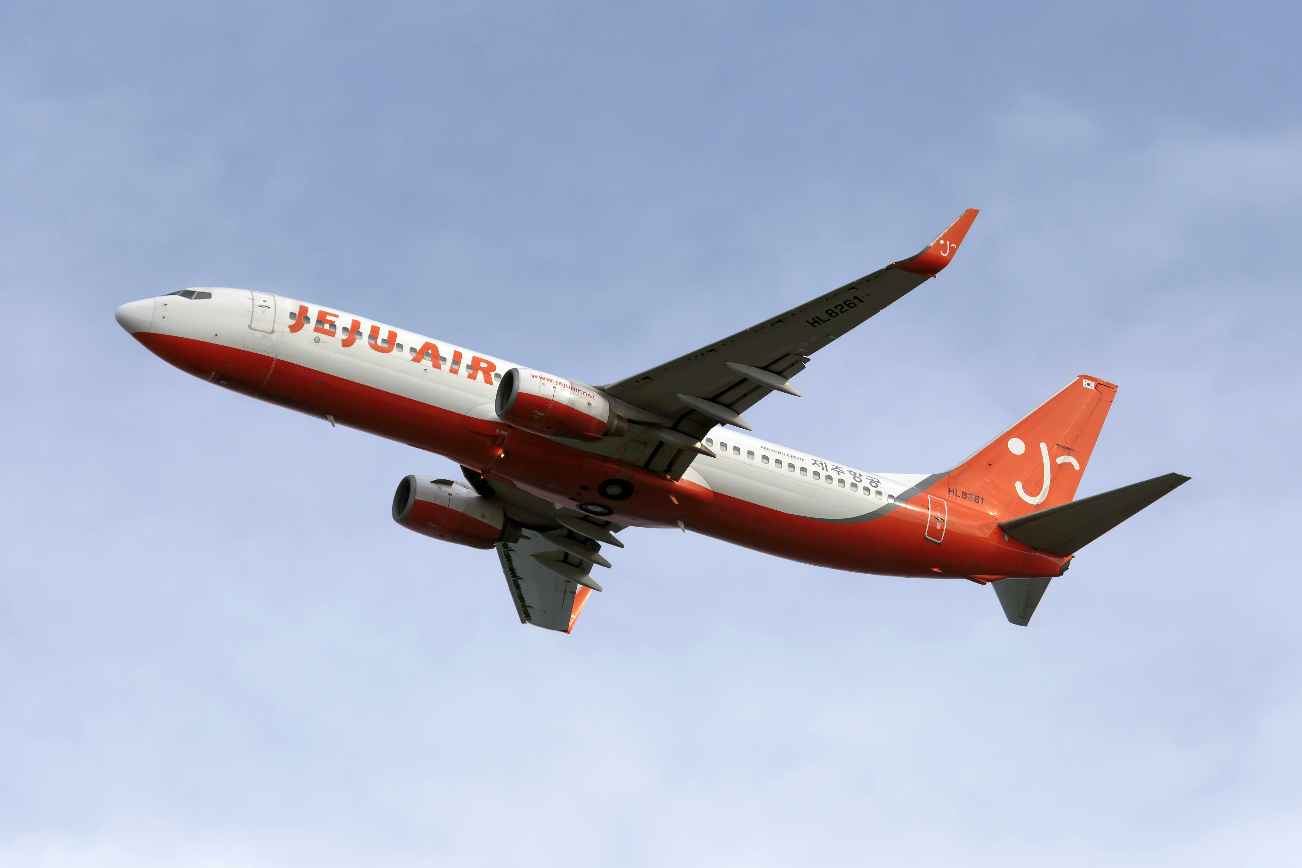 A Jeju Air Boeing 737-800 taking off from Osaka Kansai airport. 