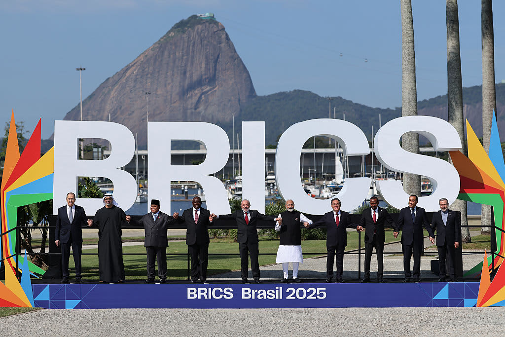 RIO DE JANEIRO, BRAZIL - JULY 6: Russia's Foreign Minister Sergey Lavrov, UAE's President Sheikh Mohamed bin Zayed al-Nahyan, Indonesia's President Prabowo Subianto, South Africa's President Cyril Ramaphosa, Brazil's President Luiz Inacio Lula da Silva, India's Prime Minister Narendra Modi, China's Premier Li Qiang, Ethiopia's Prime Minister Abiy Ahmed, Egypt's Prime Minister Mostafa Madbouly, and Iran's Foreign Minister Abbas Araghchi pose for the family photo as part of the Brics Summit 2025 at Museu de Arte Moderna on July 6, 2025 in Rio de Janeiro, Brazil.