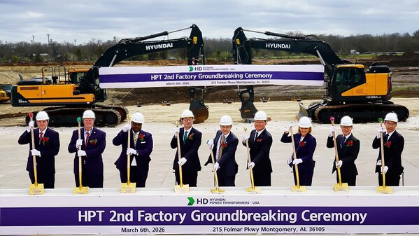 HD Hyundai Electric held a groundbreaking ceremony for a second plant at its North American production base in Alabama, U.S., on the 6th (local time). (From third left: Cornelius “CC” Calhoun, President of the Montgomery City Council; Kim Youngki, CEO of HD Hyundai Electric; Jun-ho Lee, Consul General of the Republic of Korea in Atlanta; Cho Seok, Vice Chairman of HD Hyundai; and Ellen McNair, Secretary of the Alabama Department of Commerce)