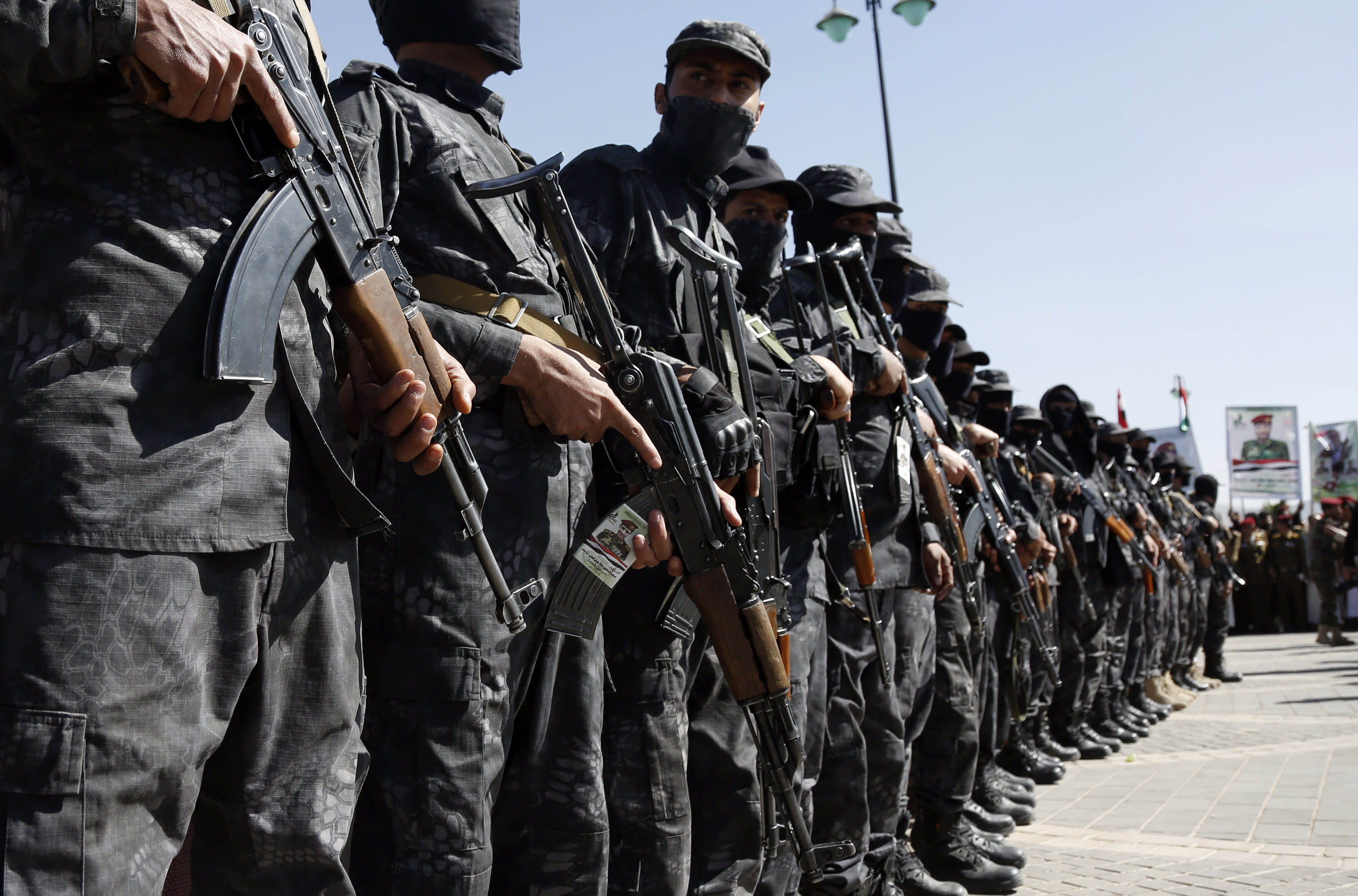 SANA'A, YEMEN - DECEMBER 03: Members of the Houthi-run Military Special Forces guard during a funeral procession of Houthi fighters at Al-Sha'ab Mosque on December 03, 2023 in Sana'a, Yemen. (Photo by Mohammed Hamoud/Getty Images)